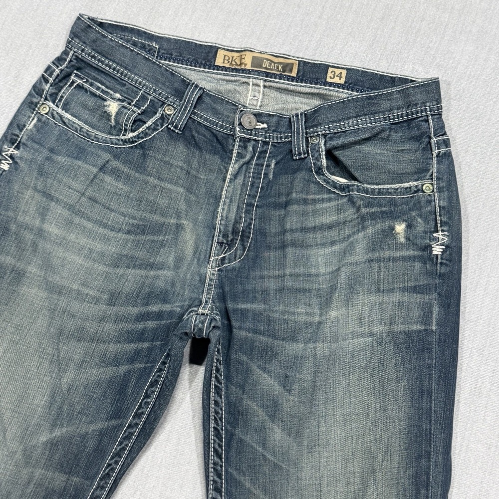 BKE Derek Bootcut Jeans Mens 34x34 Actual 36x34 Blue Distressed Denim Whiskered